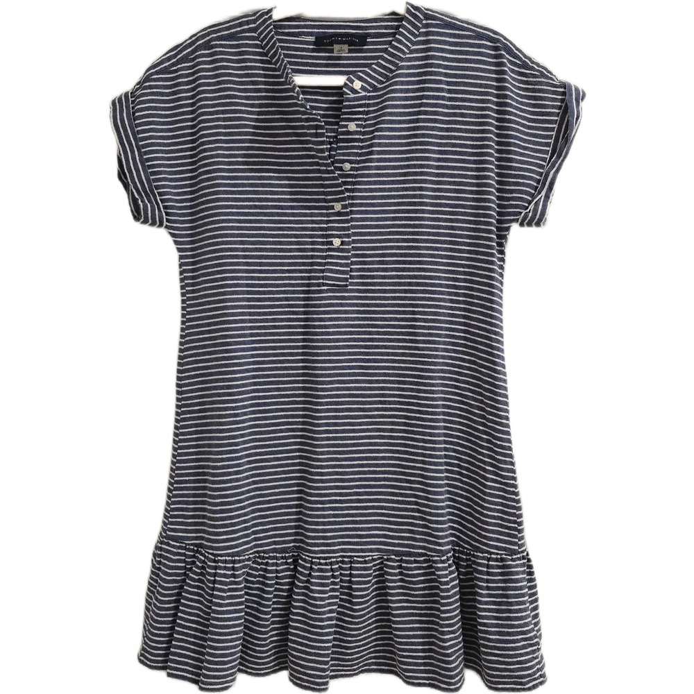Tommy Hilfiger Blue White Striped Henley Ruffle Hem Shift Dress Womens Size 8